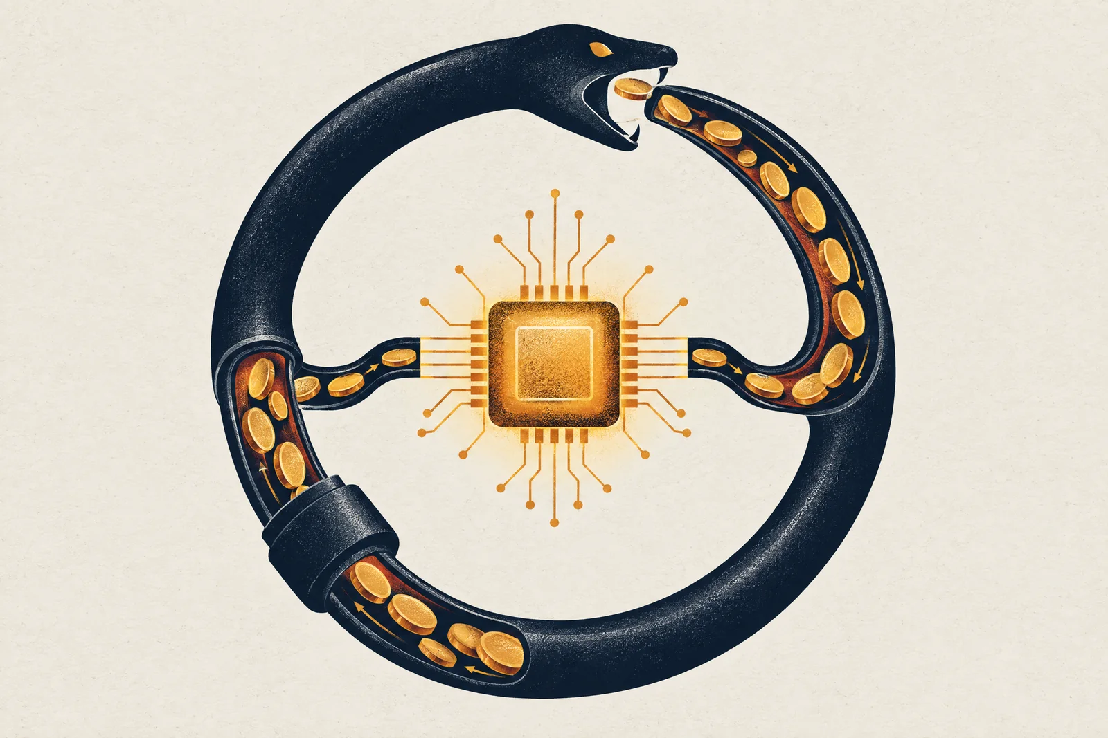 A glowing amber microchip encircled by a navy cable shaped like a snake swallowing its own tail, with gold coins flowing out of the chip and back in.