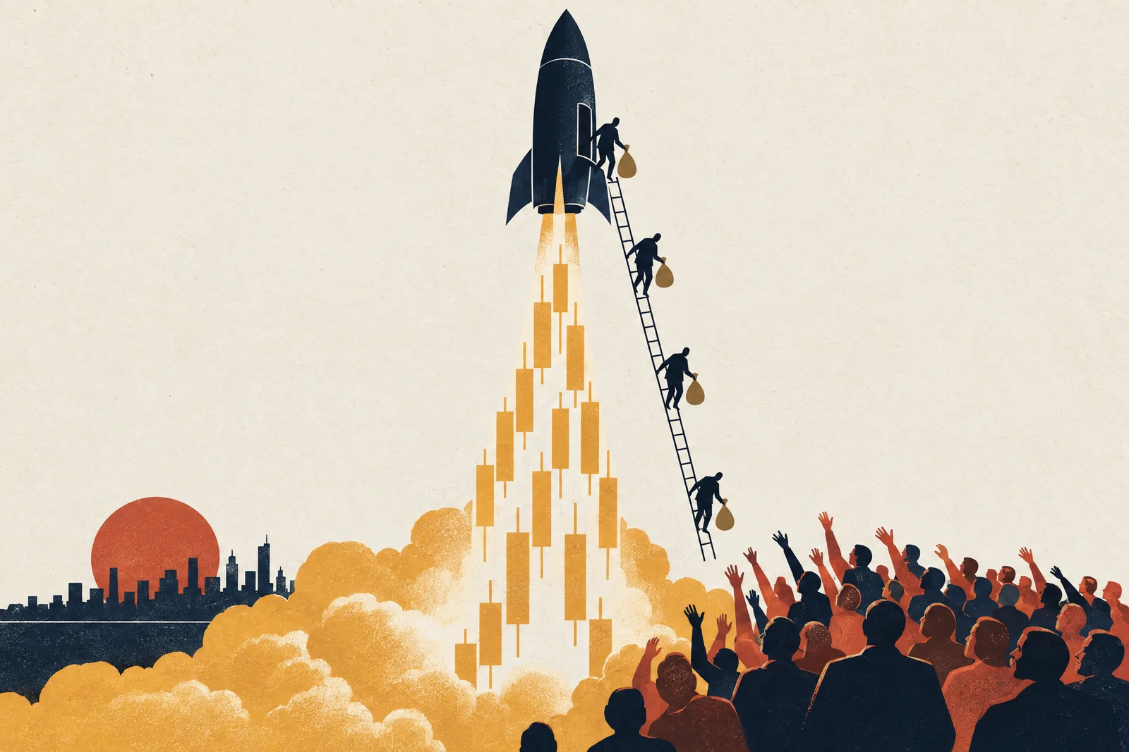 A navy rocket lifting off on a column of amber stock-chart candles while small figures carrying money bags climb down a ladder from its side.