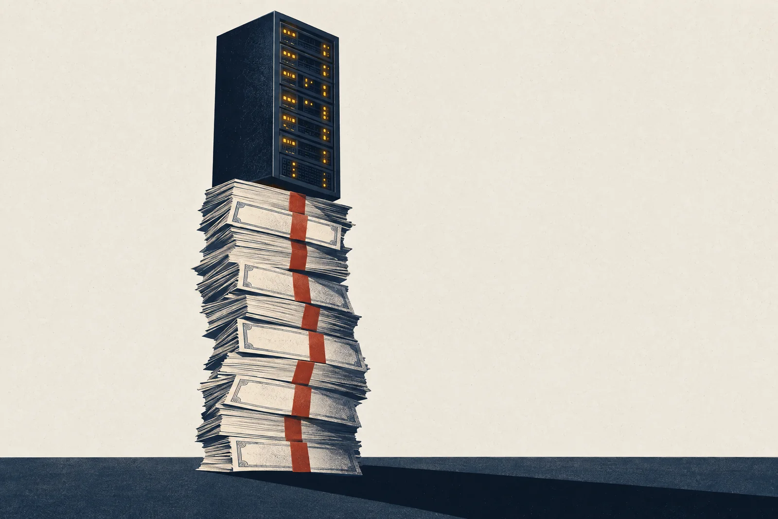 A navy server rack balanced on a tall, leaning stack of bond certificates tied with red ribbon.