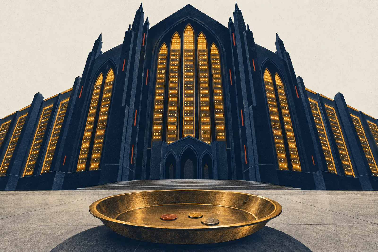 A data center built like a gothic cathedral, its windows glowing with server lights, behind a brass collection plate holding three coins.
