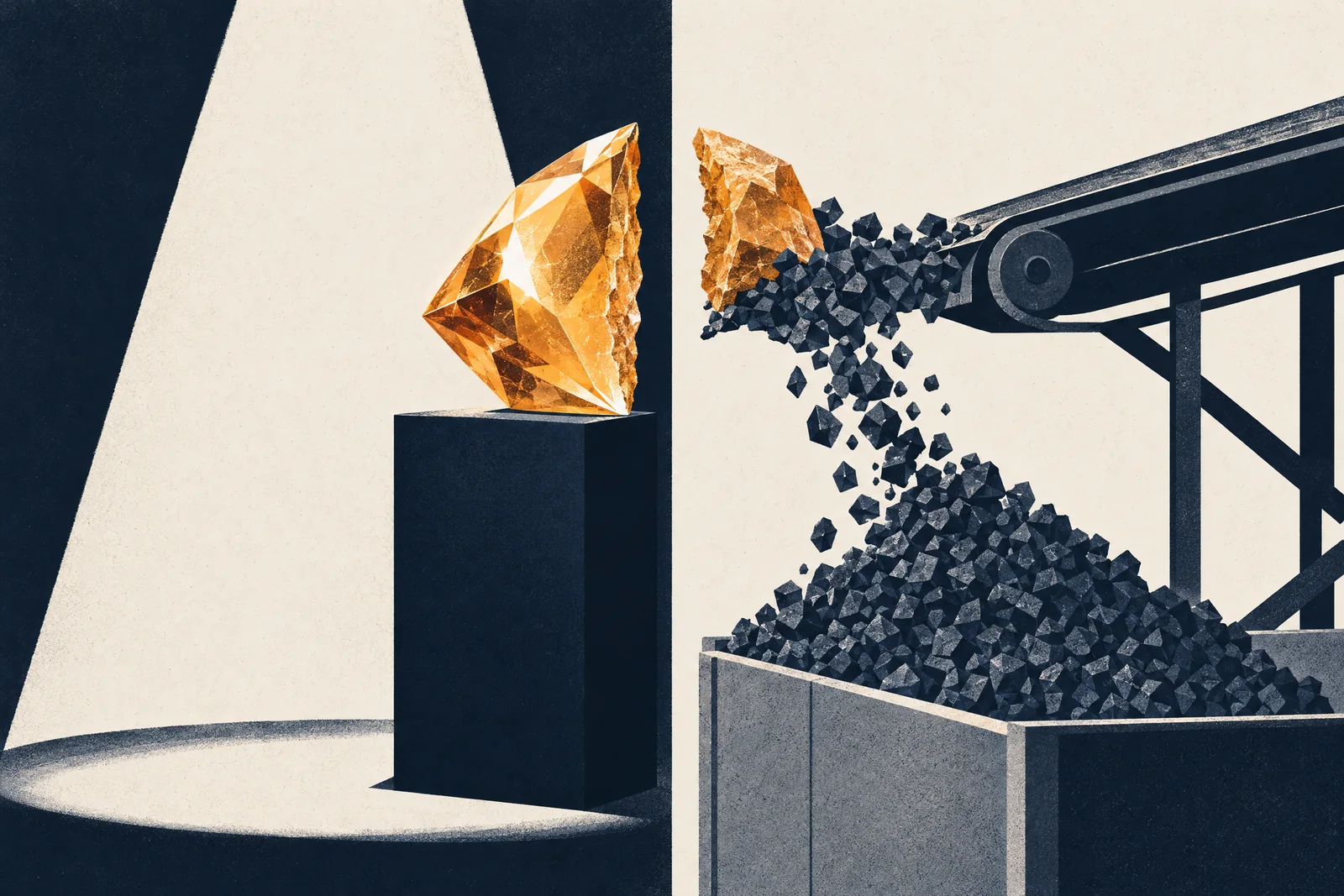 An amber crystal split in two: one half a jewel on a spotlit pedestal, the other crushed into gravel pouring off a conveyor belt into a bin.