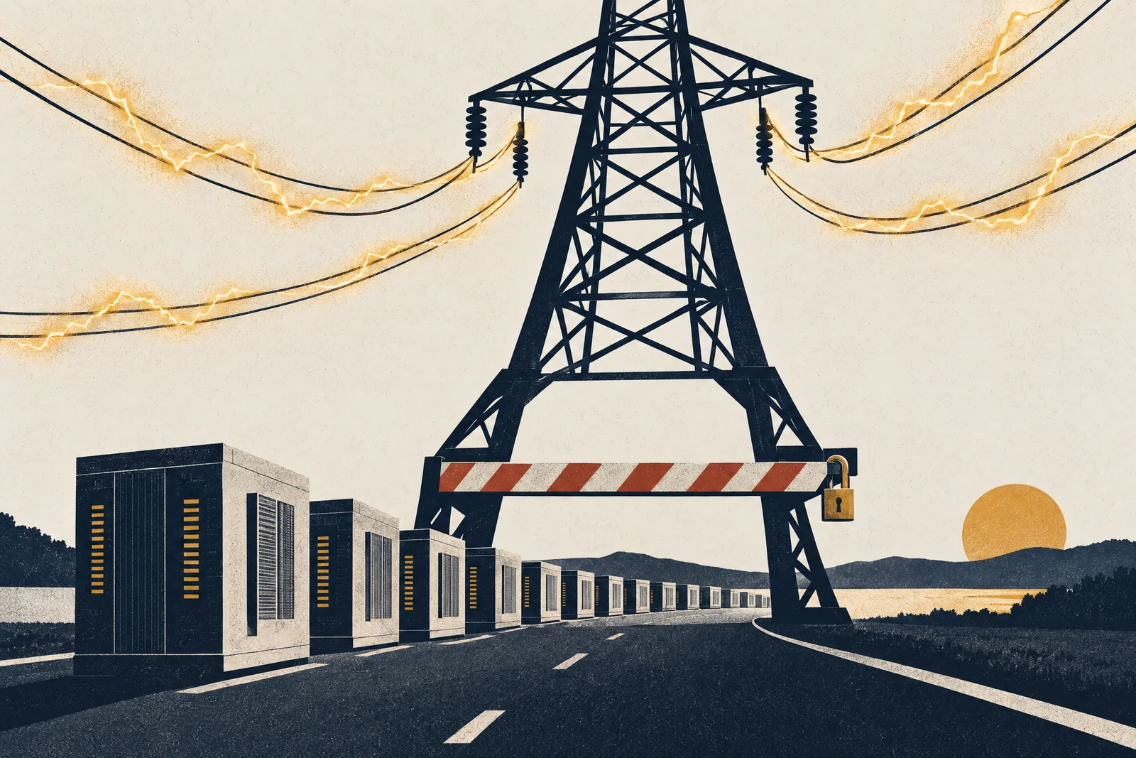 A high-voltage pylon standing across a road like a tollbooth, its barrier padlocked in front of a queue of small data-center buildings.