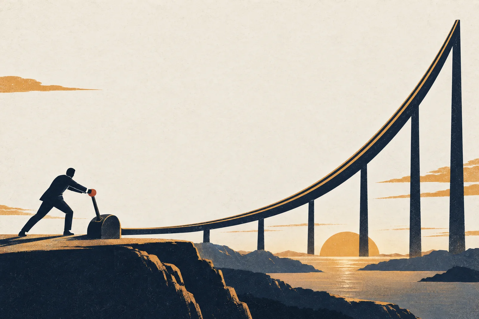 A figure in a suit pulling a lever at the low end of a long curved track that climbs steeply into the sky.