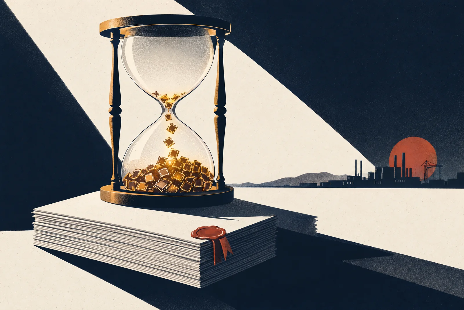 An hourglass running out of sand made of tiny amber microchips, standing on loan documents sealed with red wax.
