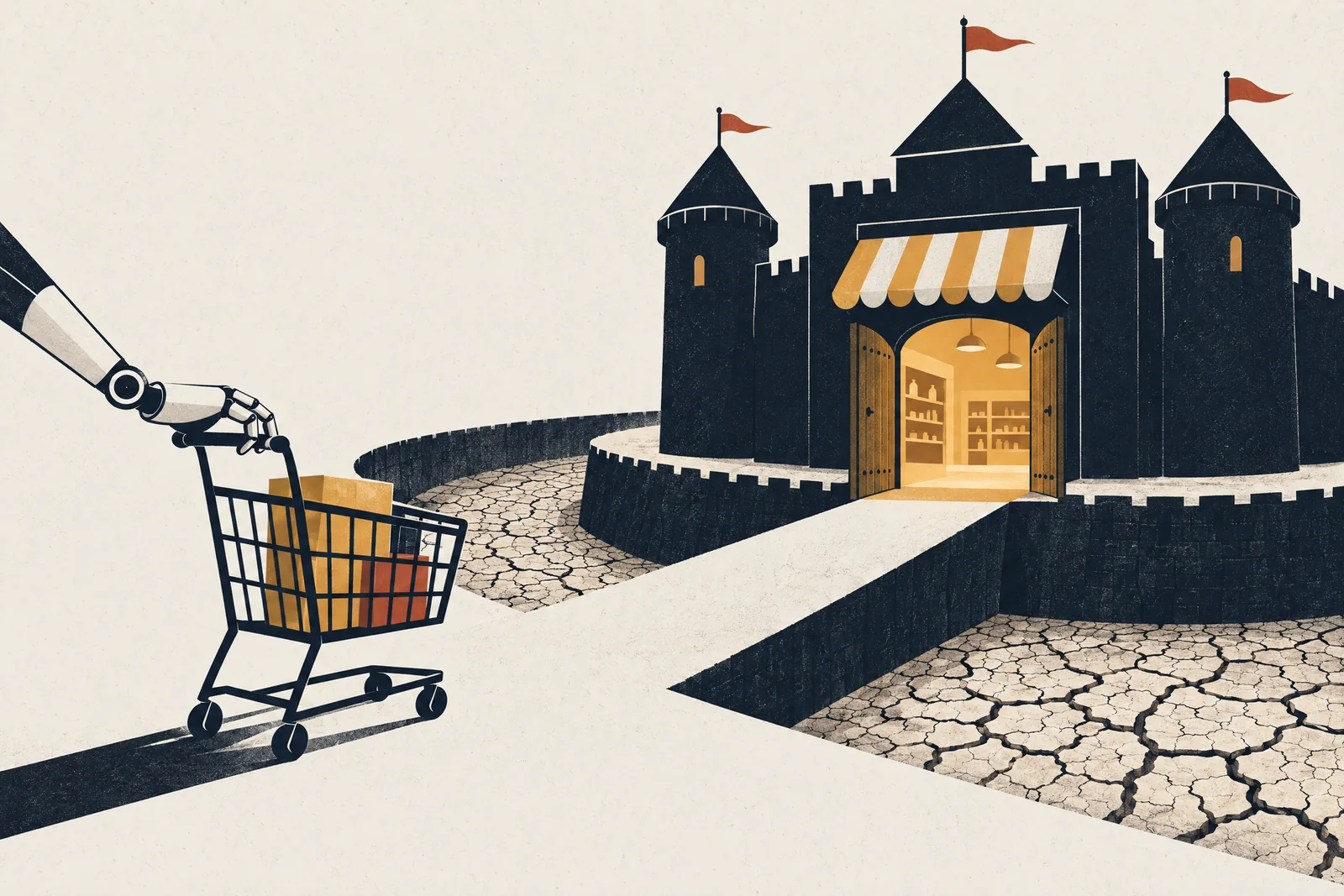 A shopping cart steered by a robotic hand rolling across the dry bed of a drained moat toward a castle-shaped store.