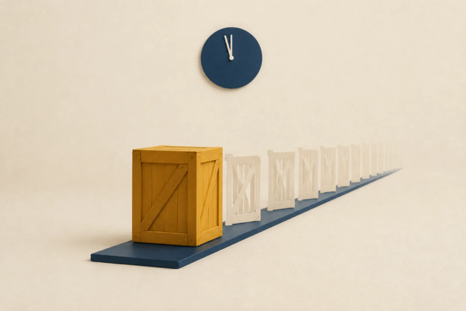One solid amber shipping crate at the front of a navy plank, with a long row of paper-thin crate silhouettes receding behind it, under a navy wall clock set a minute before twelve.