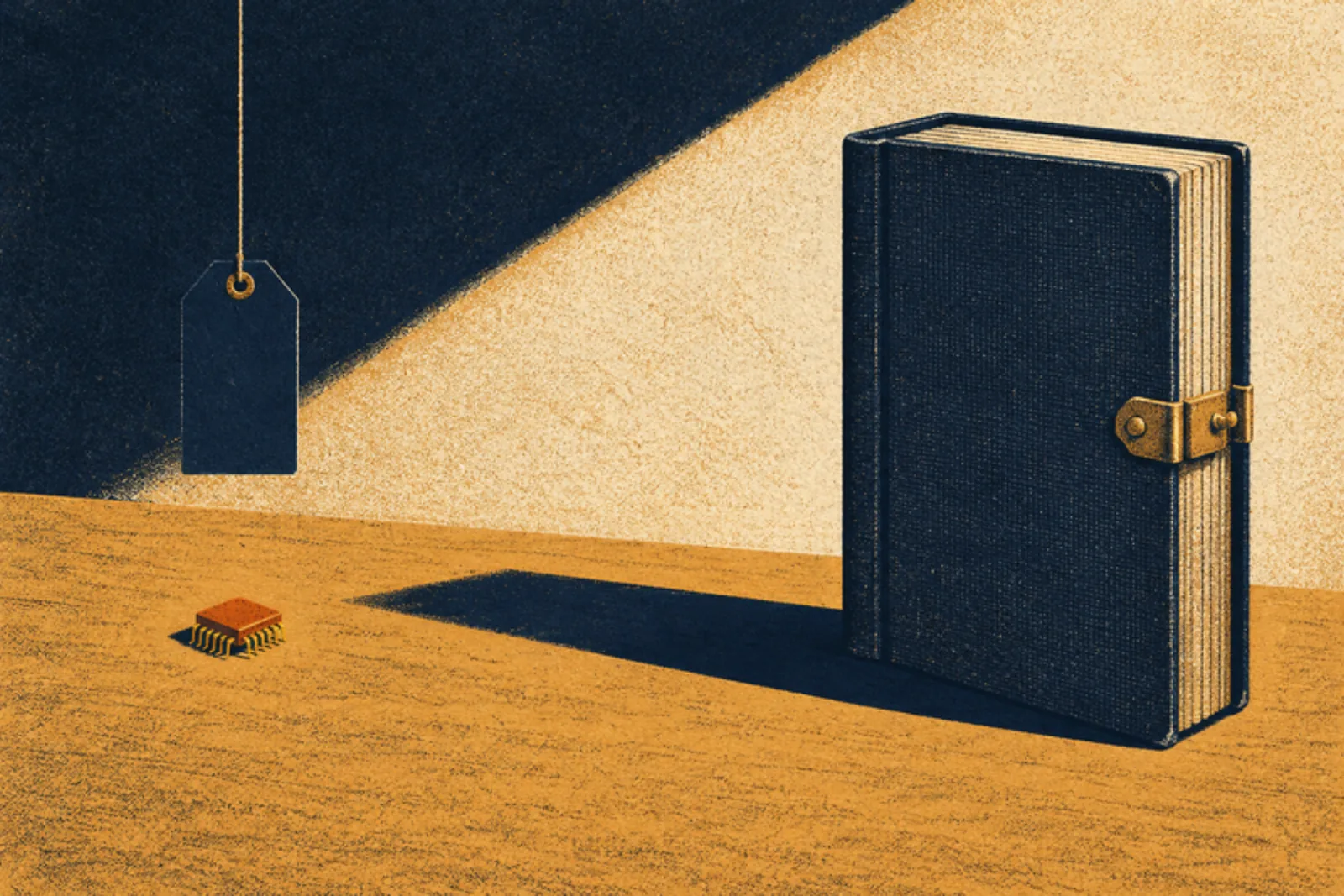 A blank navy paper price tag hanging by a thread above a small copper microchip, and on the right a thick closed prospectus with a brass clasp, standing in a wedge of light and casting the only solid shadow across the amber table.