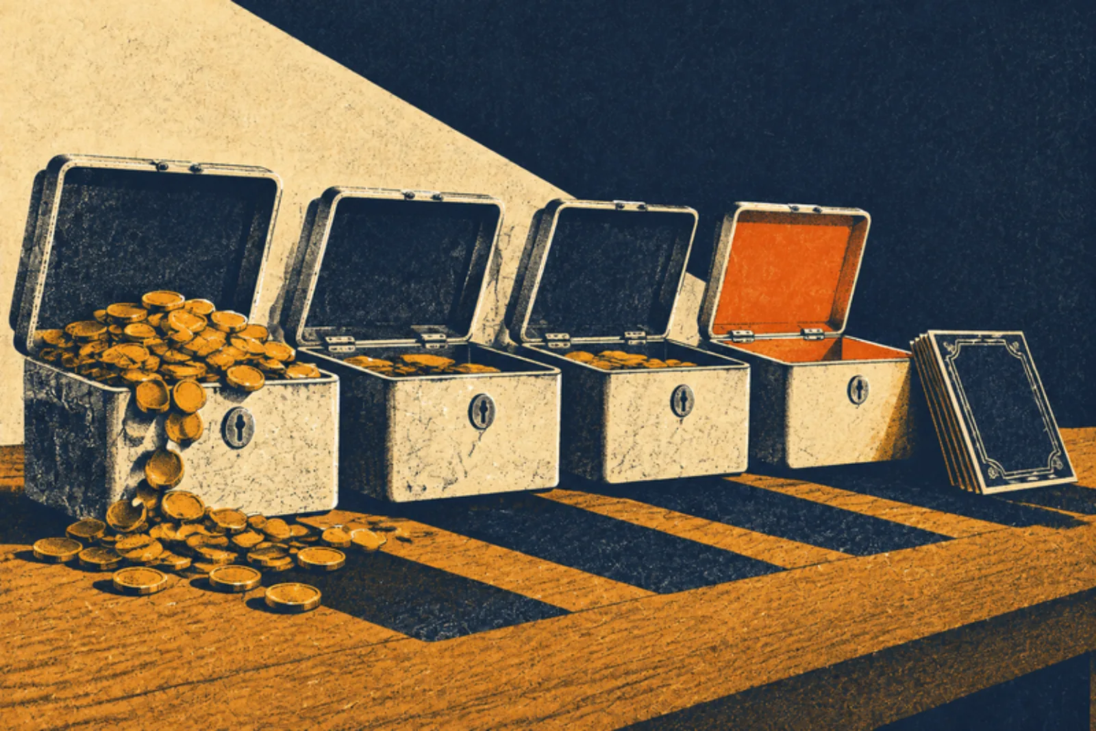Four cream metal cash boxes stand open in a row on a wooden table: the first overflows with amber coins that spill across the boards, the second and third hold a thin layer, and the fourth is empty with a burnt-orange lining, a short stack of blank navy certificates leaning against it, under a wedge of pale light that throws long shadows across the table.