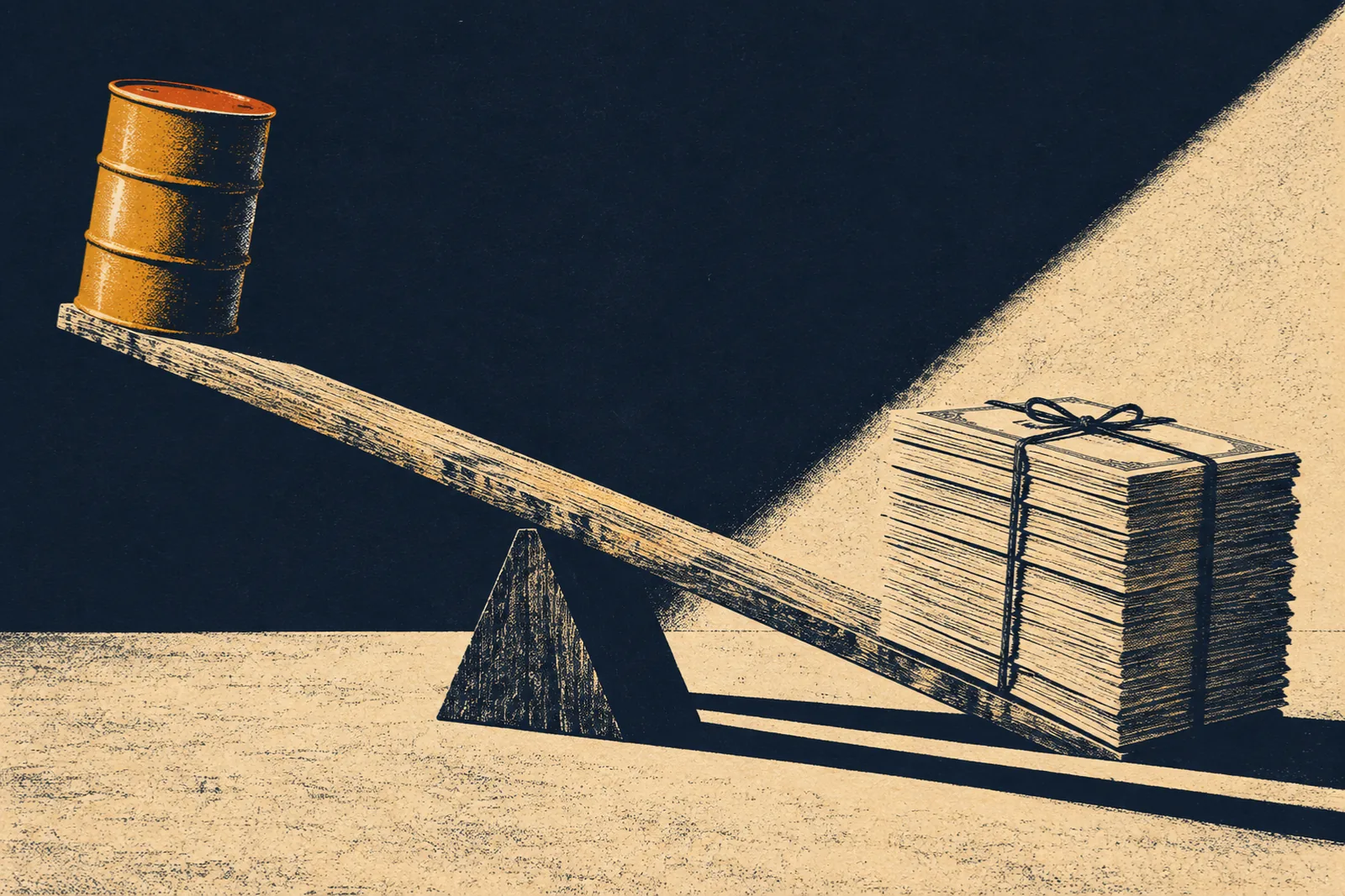 A long wooden plank balanced like a seesaw on a dark wooden fulcrum: a single amber oil drum with a burnt-orange top sits raised at the left end, and a tall stack of cream bond certificates with blank faces, tied with navy string, holds the right end down on the table, under a wedge of pale light that throws long shadows across the table.