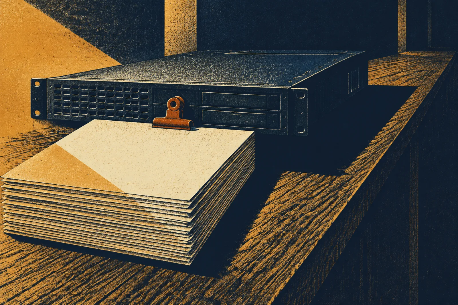 A heavy navy server tray rests on a long dark wooden counter, and a tall stack of blank cream papers is pinned to its front edge by a single burnt-orange bulldog clip, so the papers cannot leave without the tray, under a diagonal wedge of amber light that throws long shadows across the counter.