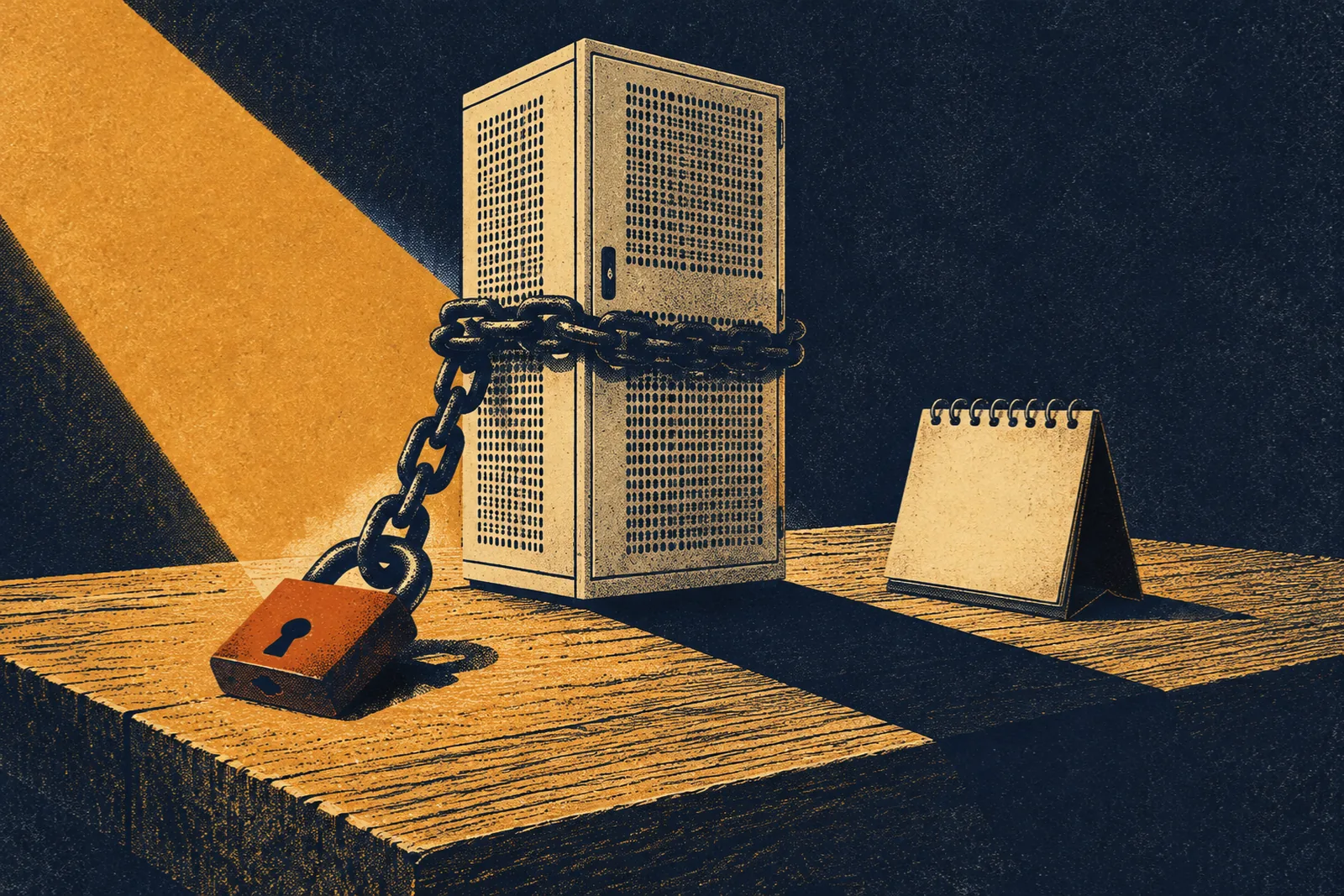 A cream perforated server cabinet stands on a thick wooden plank, bound once around by a dark chain that runs down to a heavy burnt-orange padlock resting on the wood; beside it a small desk calendar with a blank page stands in the shadow, outside a diagonal wedge of amber light that falls from the upper left and throws long shadows across the plank.