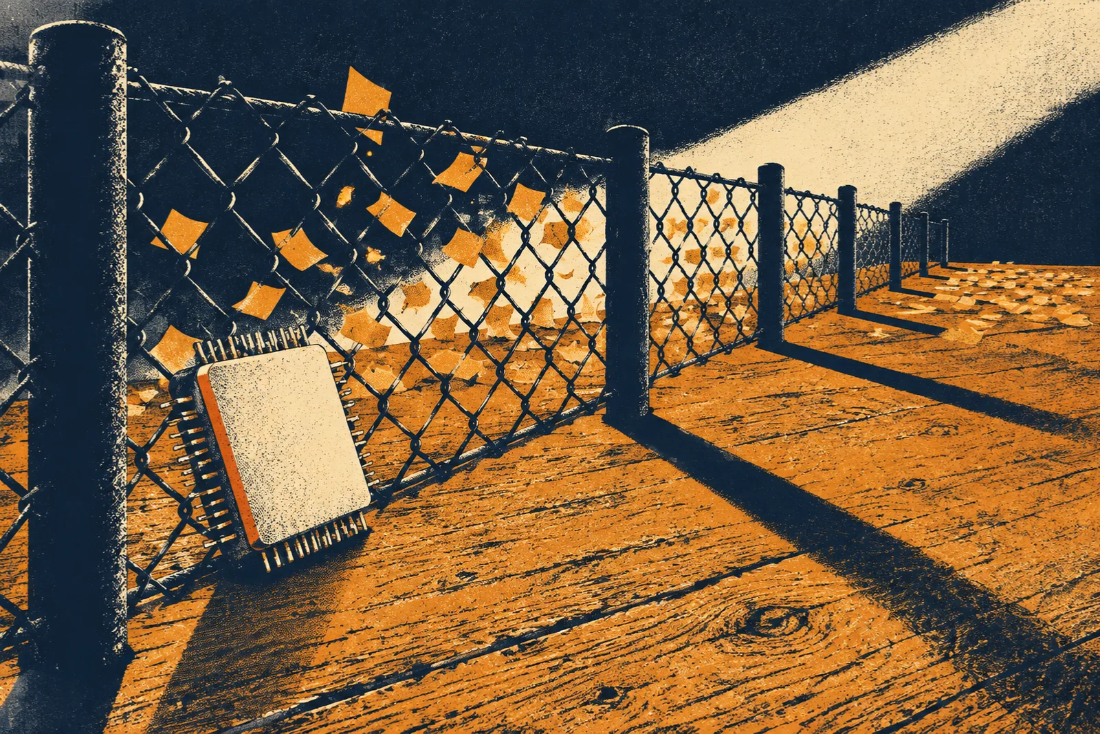 A long dark navy chain-link fence runs diagonally across a wooden deck; a single cream chip package with a burnt-orange edge leans against the near side of the mesh, its pins pressed to the wire, while a drift of small amber paper squares blows straight through the open links and scatters across the far boards, under a diagonal wedge of pale light that throws long shadows of the posts across the wood.