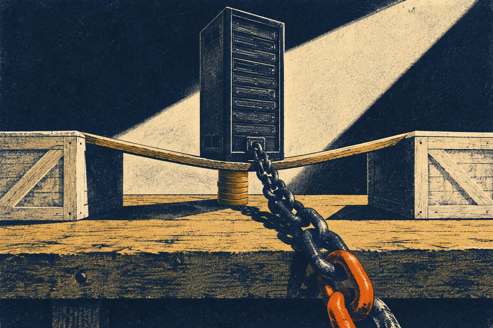 A dark navy server rack stands at the middle of a thin wooden plank that bows between two pale wooden crates on a workbench, propped at its sag by a short stack of amber coins, while a heavy dark chain runs from the base of the rack down over the front edge of the bench, its nearest link burnt orange, under a diagonal wedge of pale light that throws long shadows across the wood.